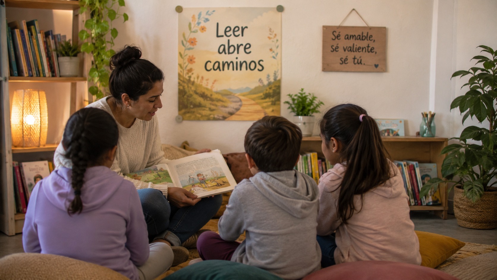 Espacio de lectura guiada con voluntariado y niñez sin rostros protagonistas